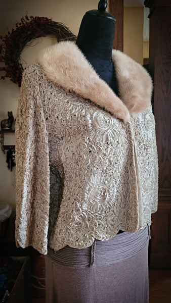 Antique Ribbon Work and Cream Fur Jacket, Size XS-Small
