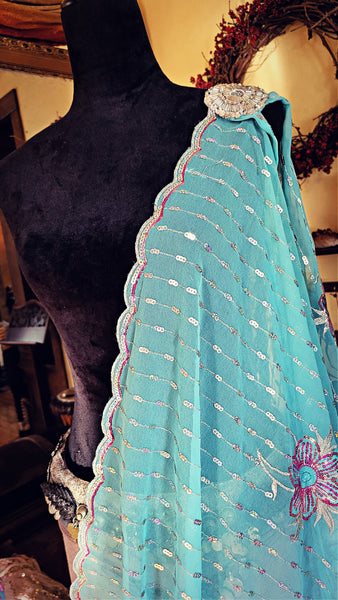 Aqua Blossom Dupatta Fabric - purchase as Oracle Cloak, Gossamer Gown, or as is!